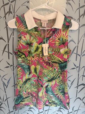 Tommy Bahama Pink Tropical Leaf Sleeveless Polo with White Collar